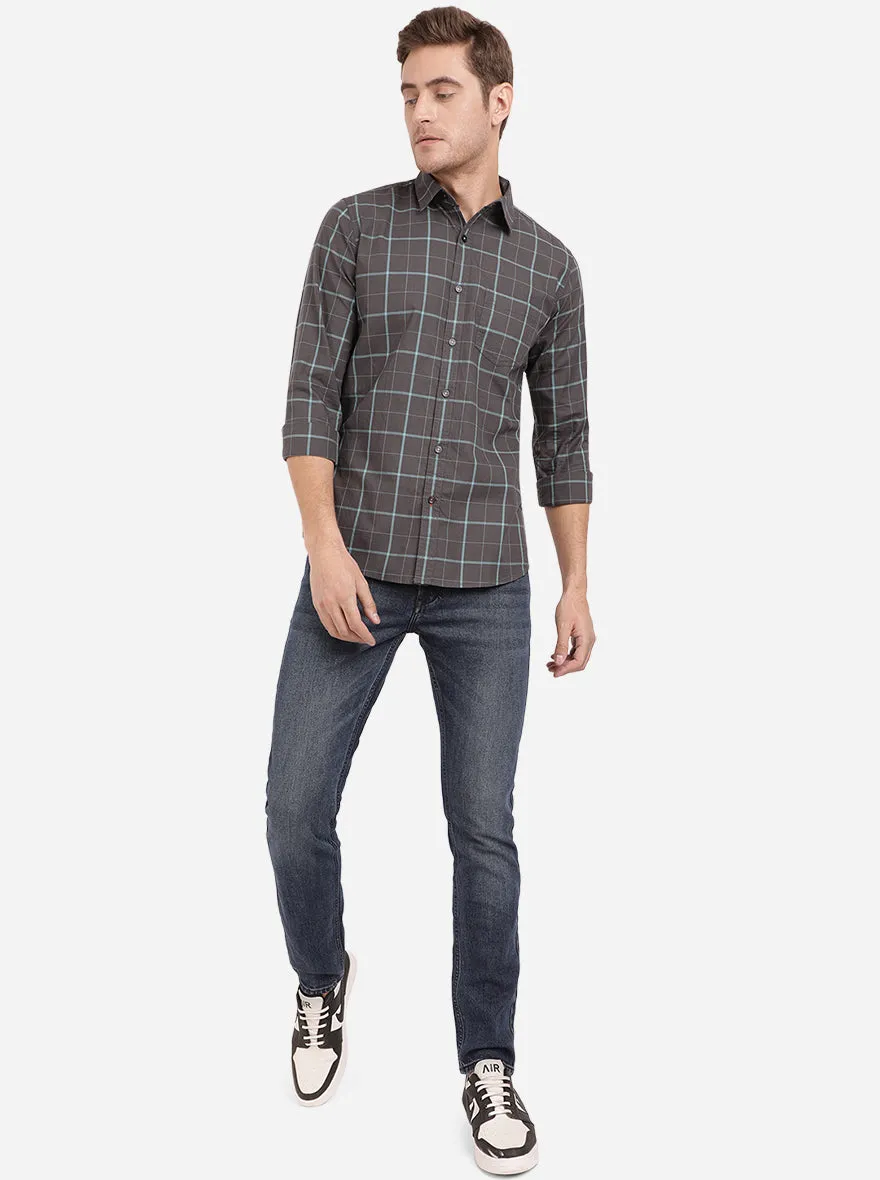 Aqua Blue & Dark Grey Checked Slim Fit Semi Casual Shirt | JadeBlue