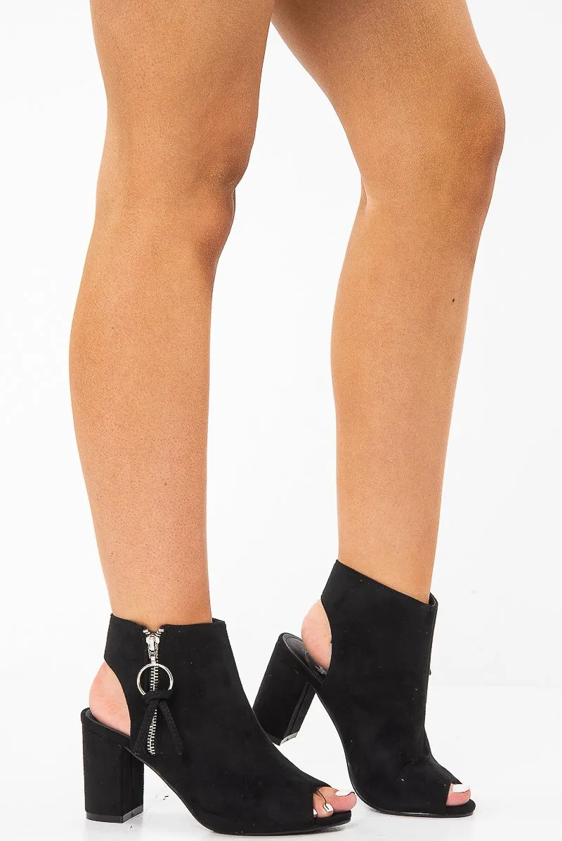 Black Peep Toe Cut Out Heel Block Heels - Crissie