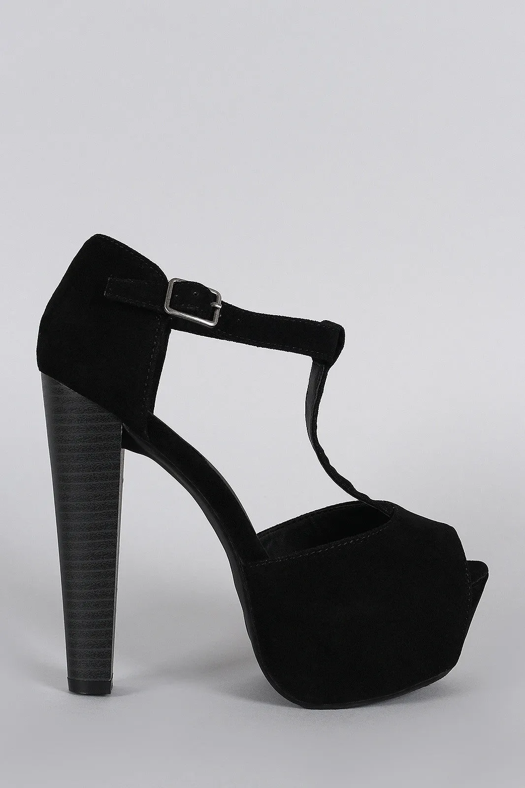 Breckelle T-Strap Suede Peep Toe Platform Chunky Heel