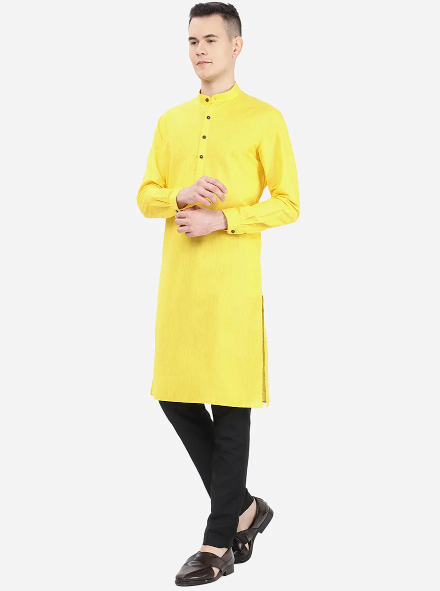 Bright Yellow Self Textured Regular Fit Modi Kurta | Modi Kurta