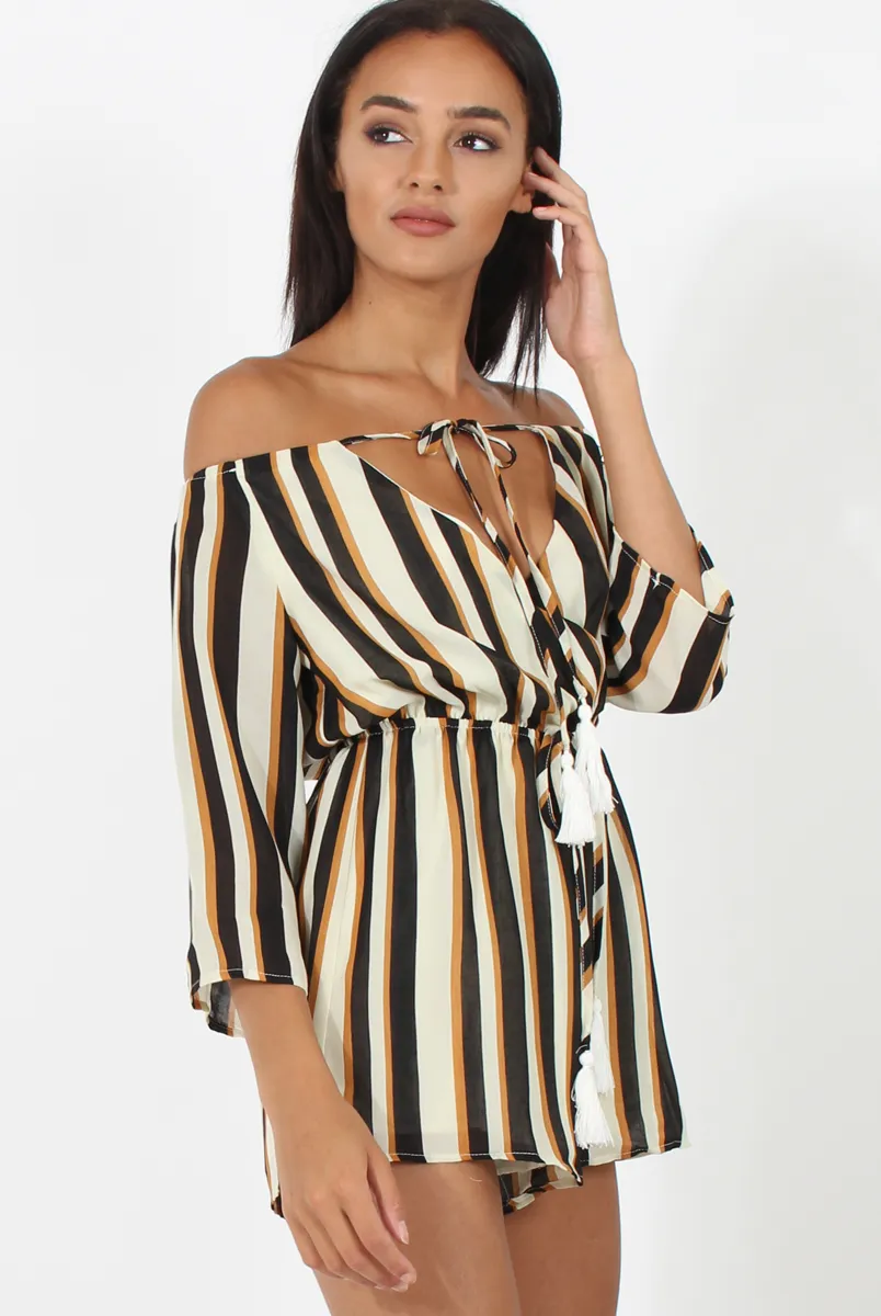 Brown Striped Tassel Detail Playsuit - Bex