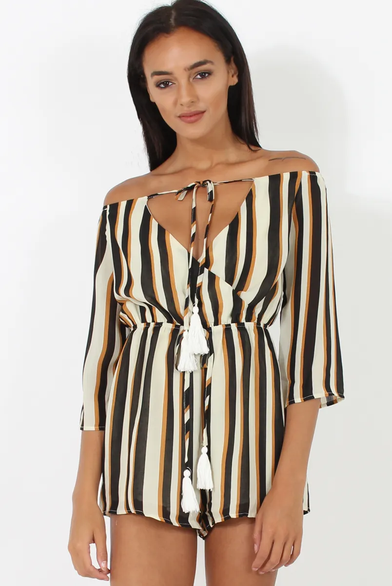 Brown Striped Tassel Detail Playsuit - Bex