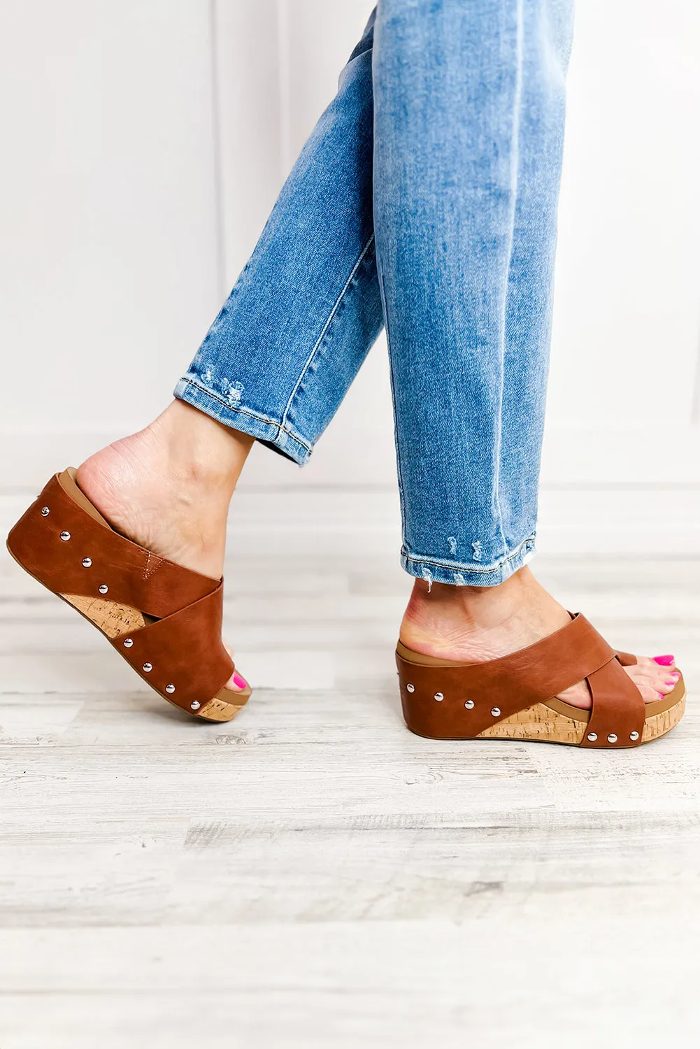 Chestnut Toe Ring Cross Cutout Studded Wedge Slippers