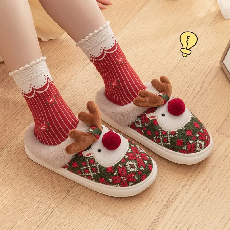 Cute Christmas Plush Elk Slippers – Winter Non-Slip Home Slippers for Women