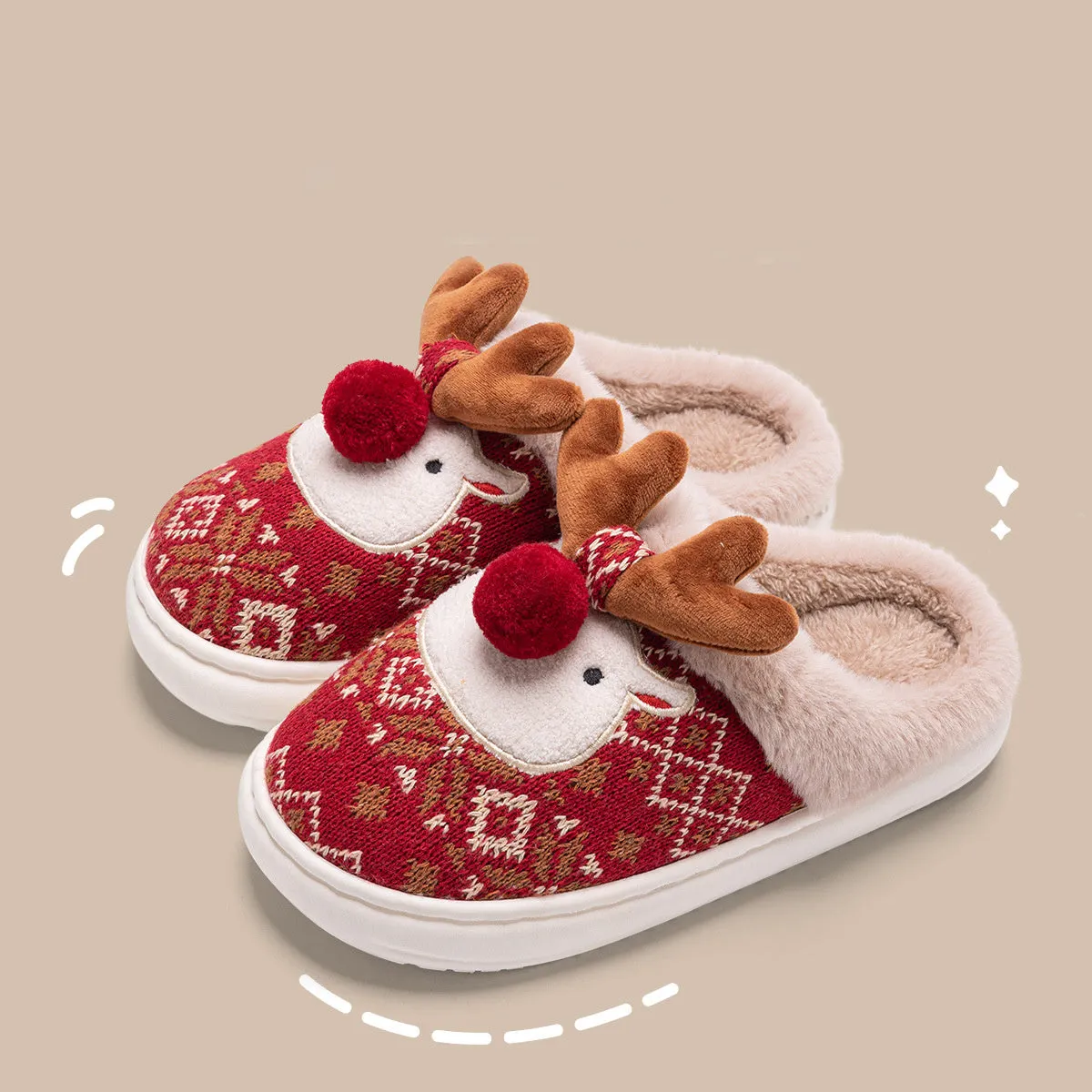 Cute Christmas Plush Elk Slippers – Winter Non-Slip Home Slippers for Women