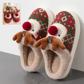 Cute Christmas Plush Elk Slippers – Winter Non-Slip Home Slippers for Women