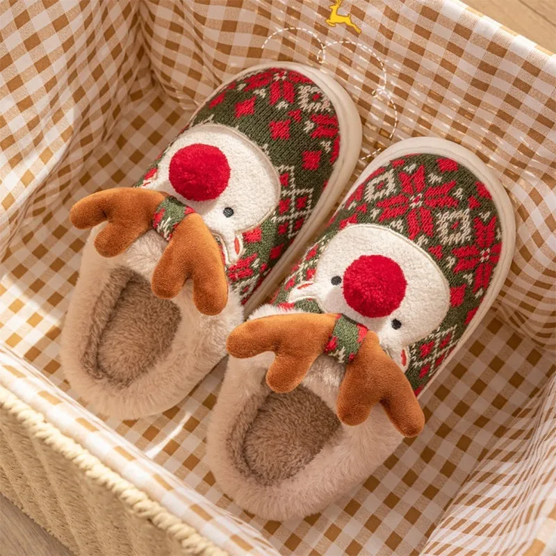 Cute Christmas Plush Elk Slippers – Winter Non-Slip Home Slippers for Women