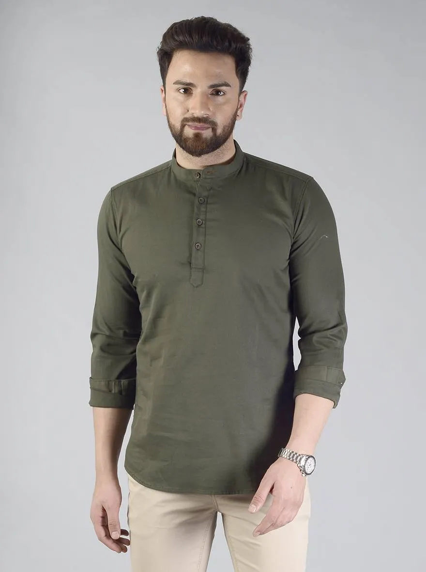 Dark Olive Green Solid Slim Fit Short Kurta | JadeBlue