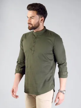 Dark Olive Green Solid Slim Fit Short Kurta | JadeBlue