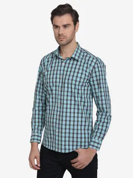 Green & Blue Checked Regular Fit Casual Shirt  | Greenfibre