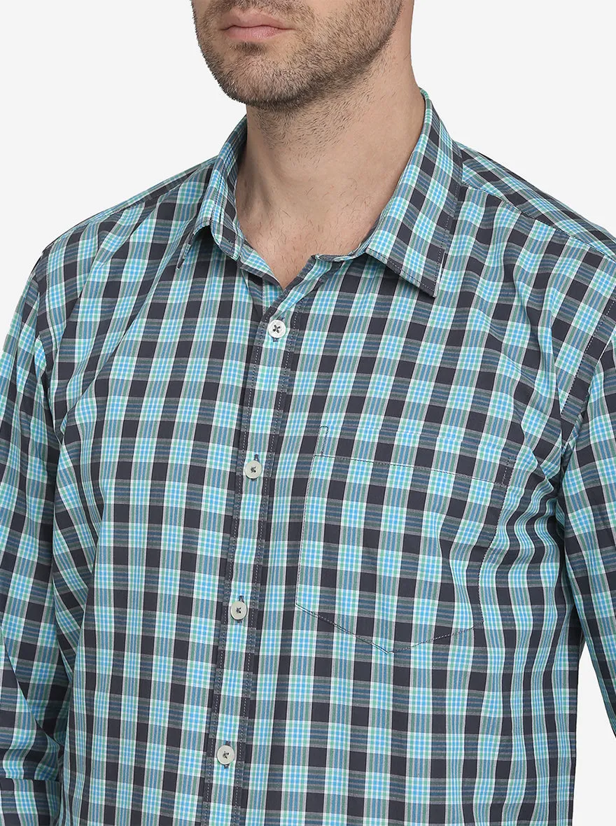 Green & Blue Checked Regular Fit Casual Shirt  | Greenfibre