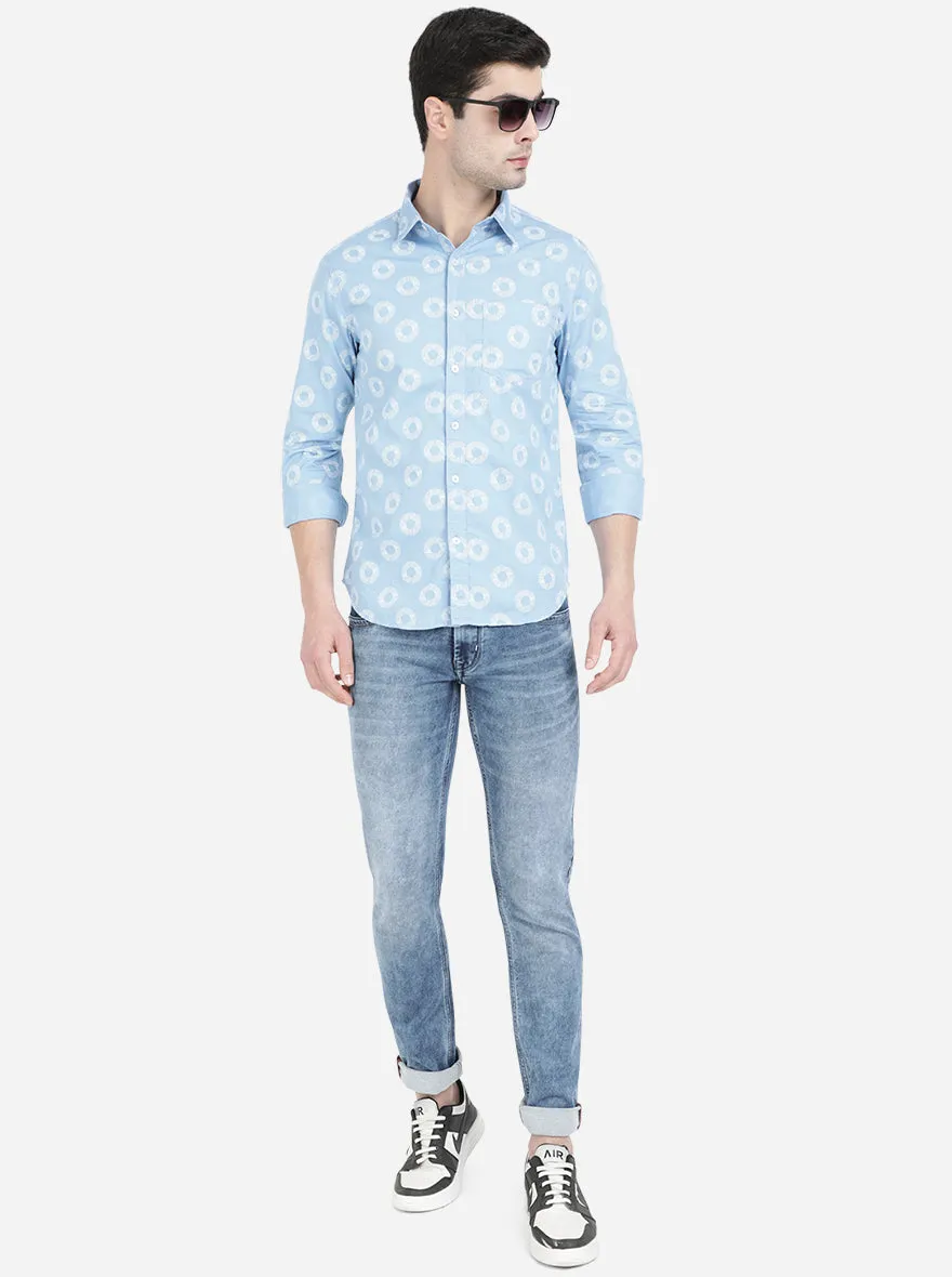 Light Blue Printed Slim Fit Semi Casual Shirt | Greenfibre