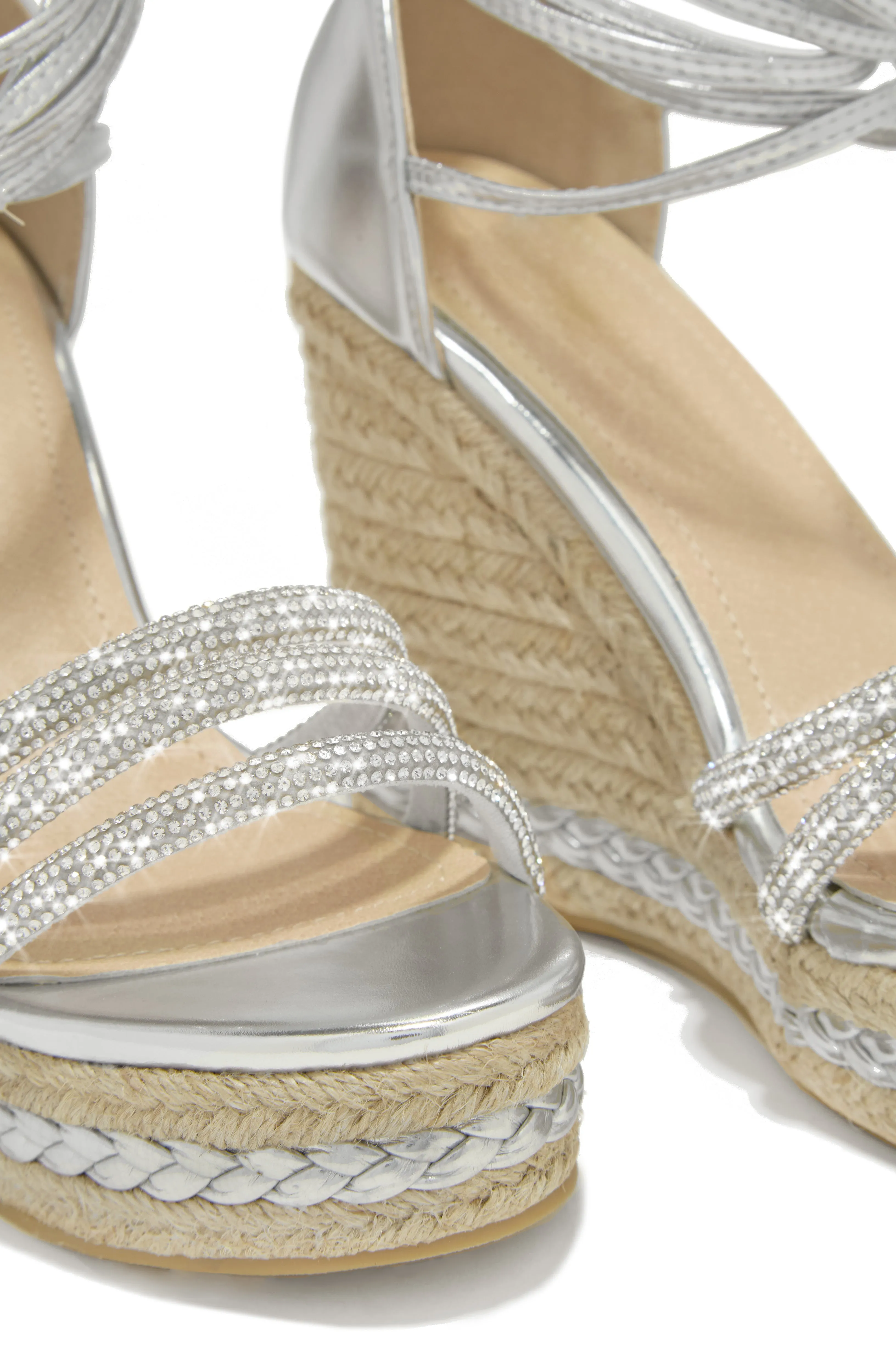 Malibu Yacht Embellished Lace Up Platform Wedges - Silver