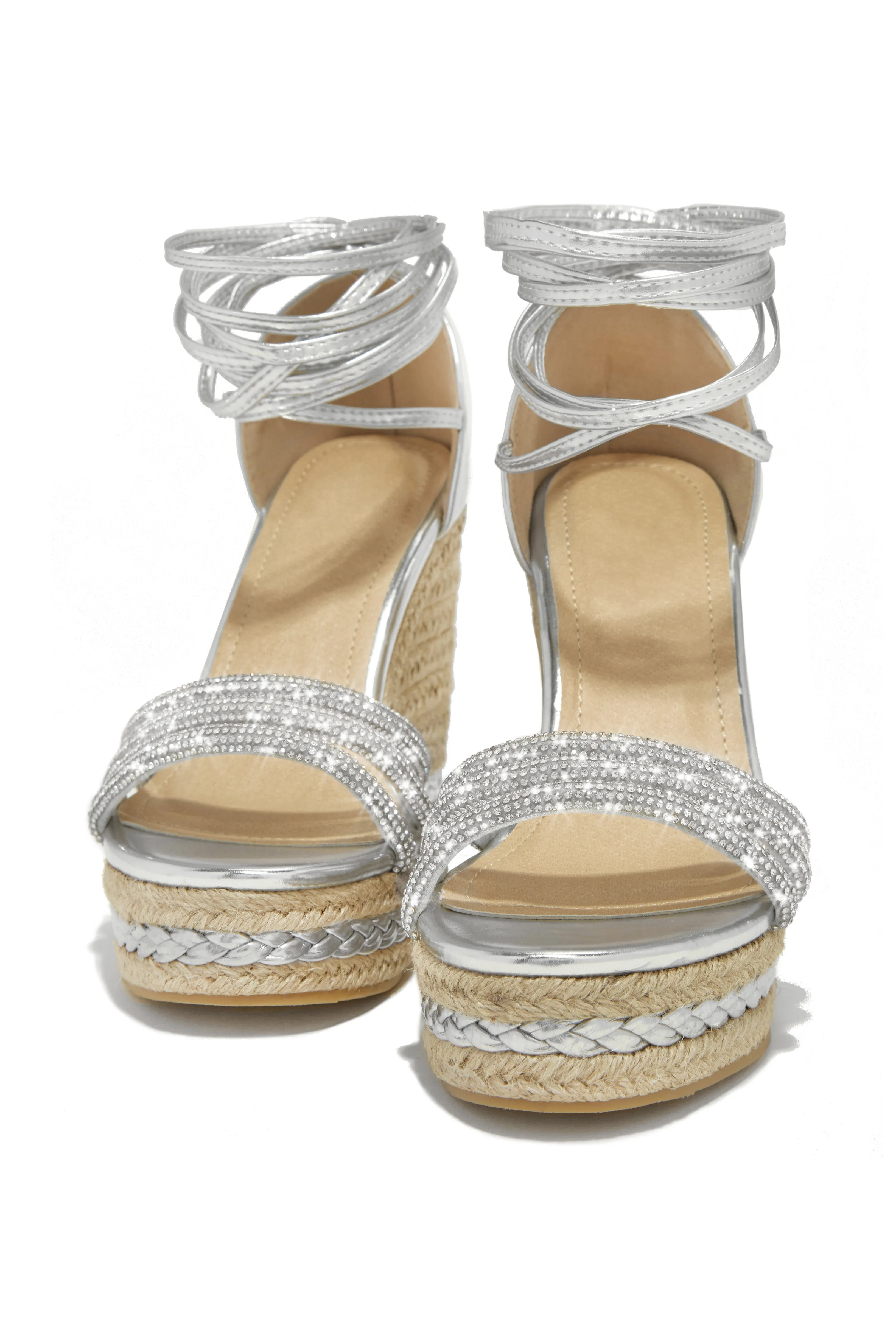 Malibu Yacht Embellished Lace Up Platform Wedges - Silver