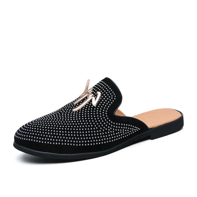 Men'S Semi-Slippers Summer Full-Drilled One-Foot Toe Capless Leather Shoes