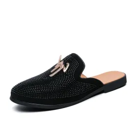 Men'S Semi-Slippers Summer Full-Drilled One-Foot Toe Capless Leather Shoes