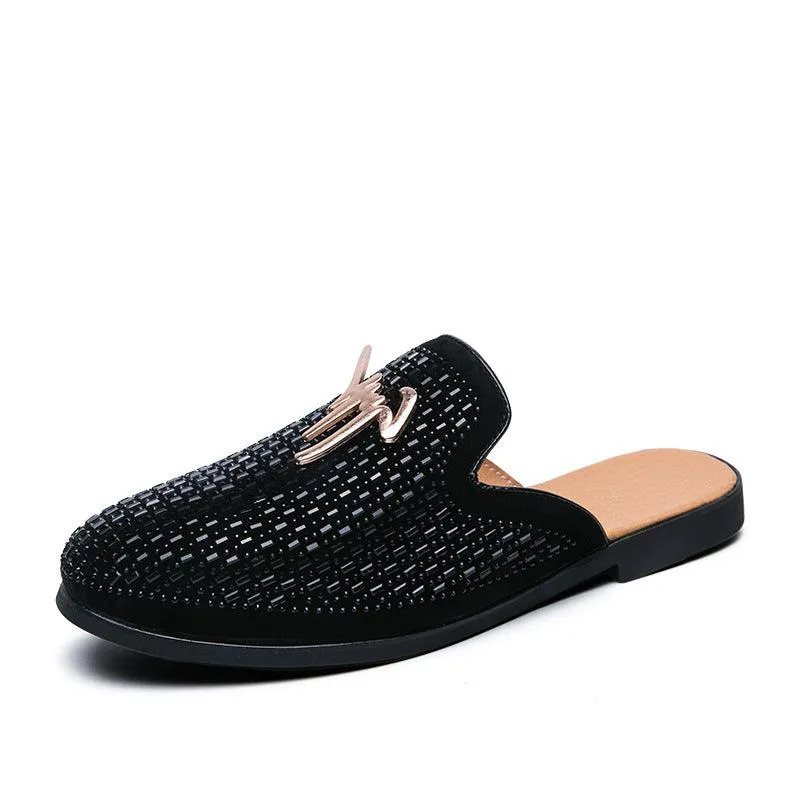 Men'S Semi-Slippers Summer Full-Drilled One-Foot Toe Capless Leather Shoes