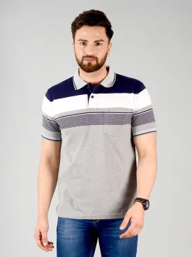 Monument Grey Striped Slim Fit Polo T-shirt | Greenfibre