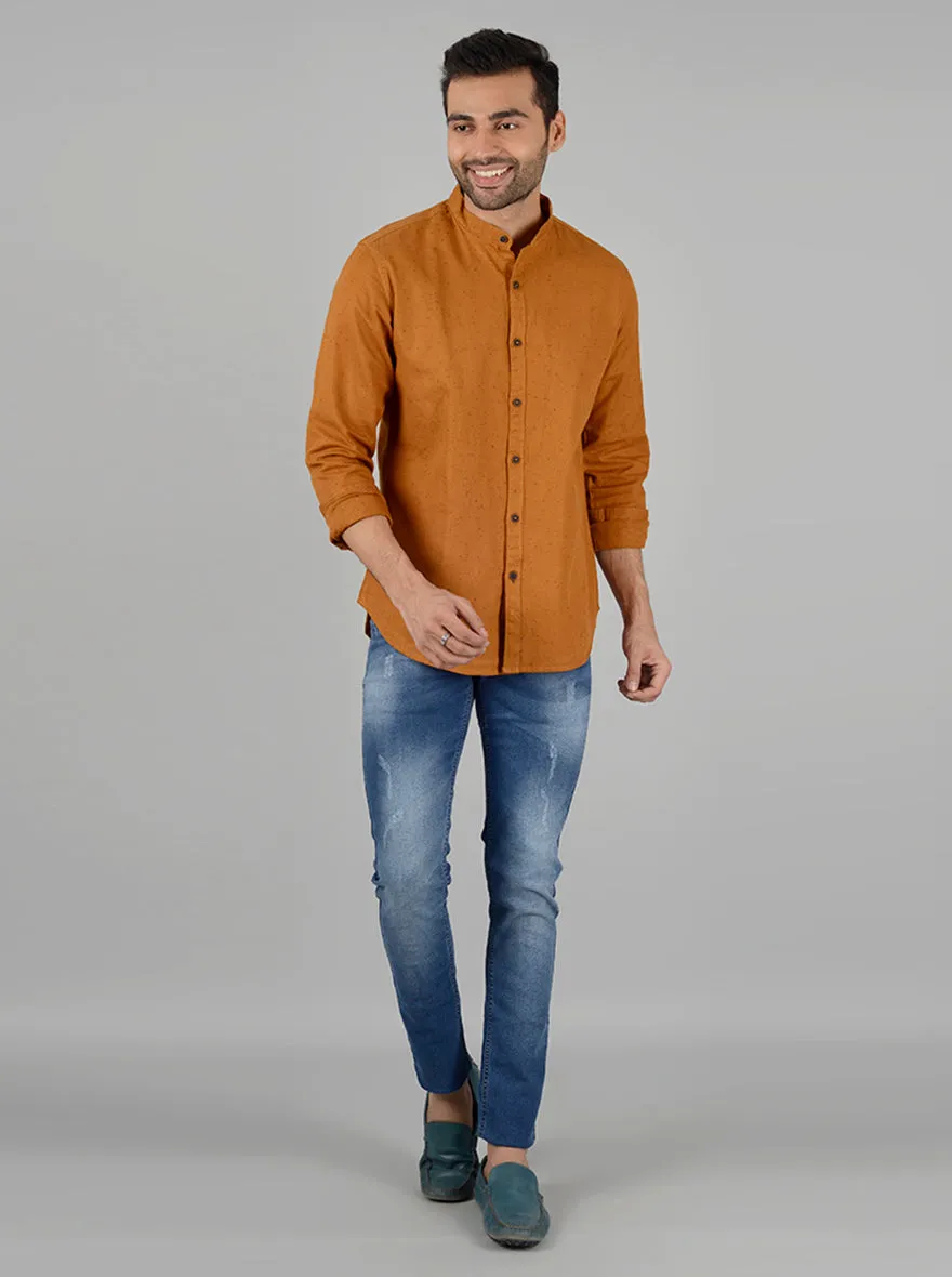 Mustard Yellow Self Textured Slim Fit Casual Shirt | Greenfibre