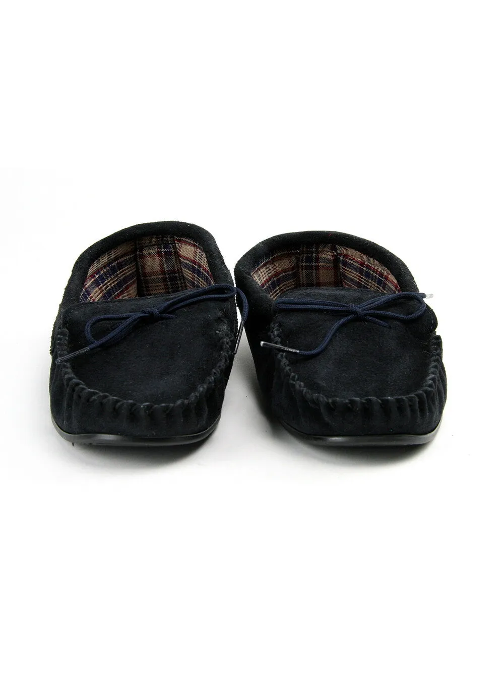 Navy Moccasins with Tartan Fabric Lining