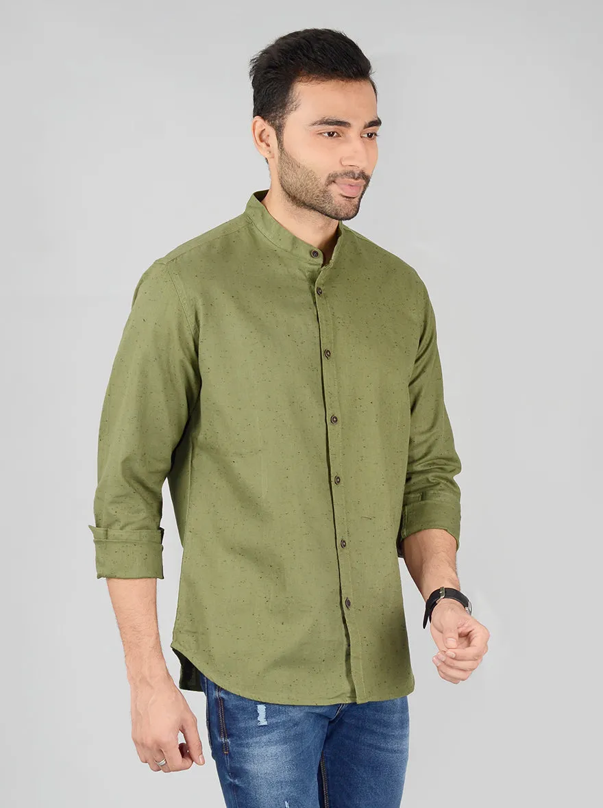 Olive Green Self Textured Slim Fit Casual Shirt | Greenfibre