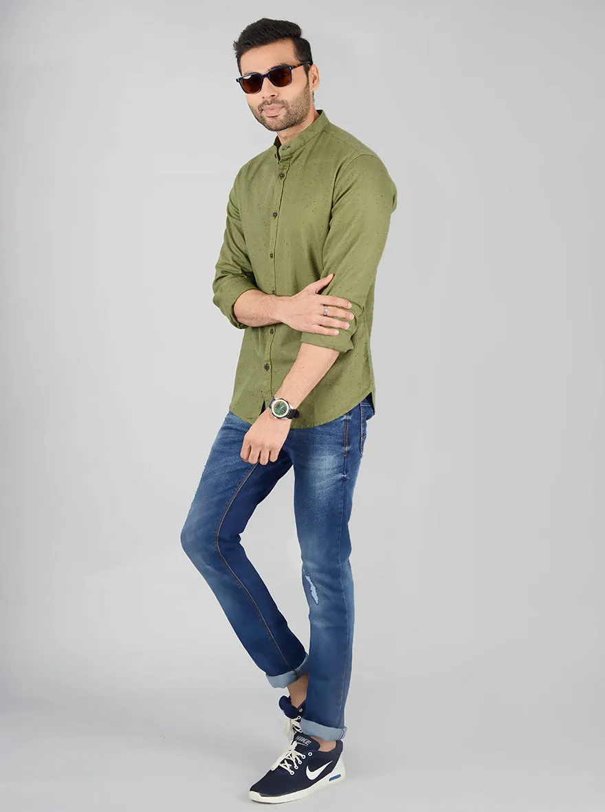 Olive Green Self Textured Slim Fit Casual Shirt | Greenfibre