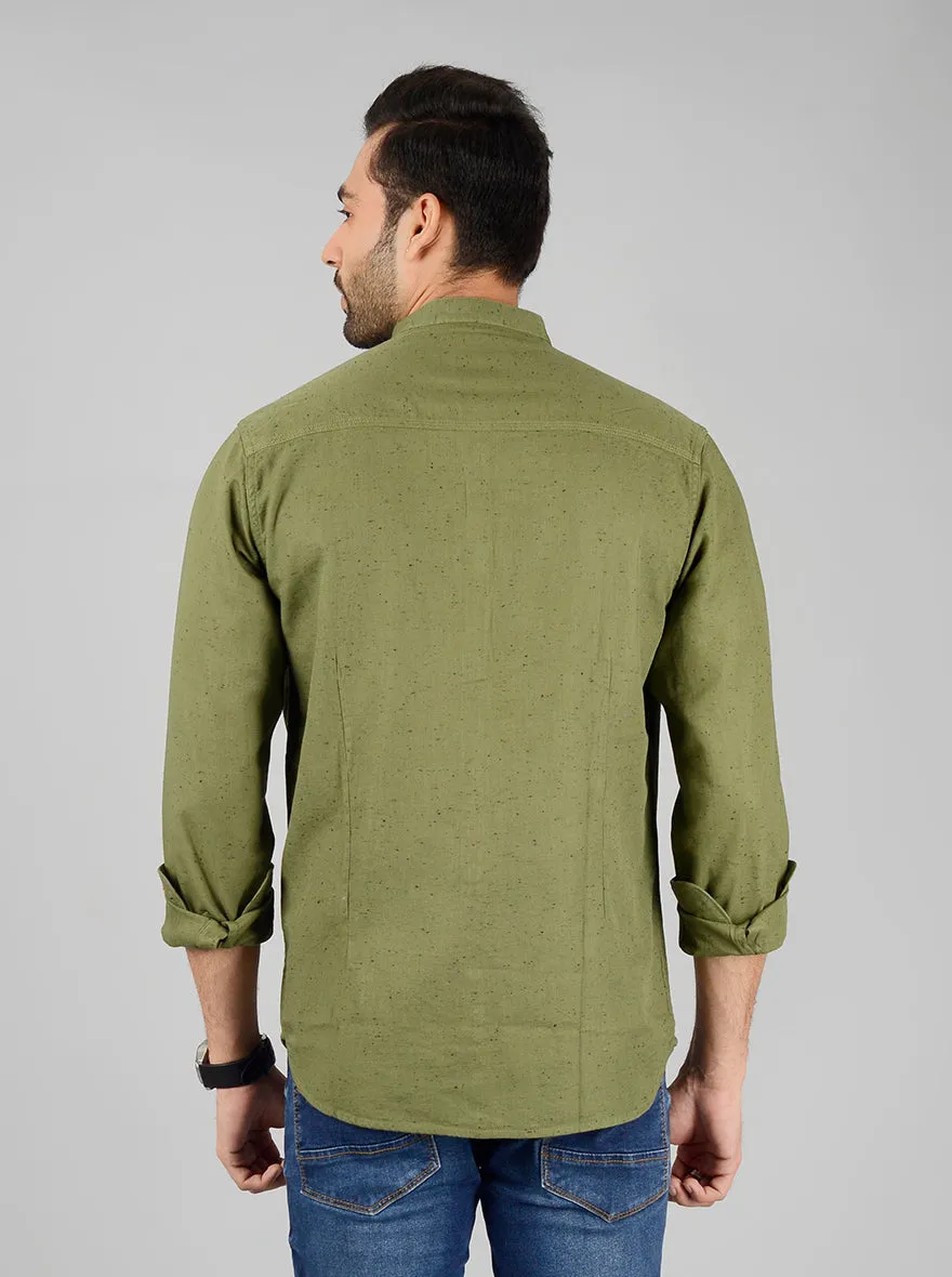 Olive Green Self Textured Slim Fit Casual Shirt | Greenfibre