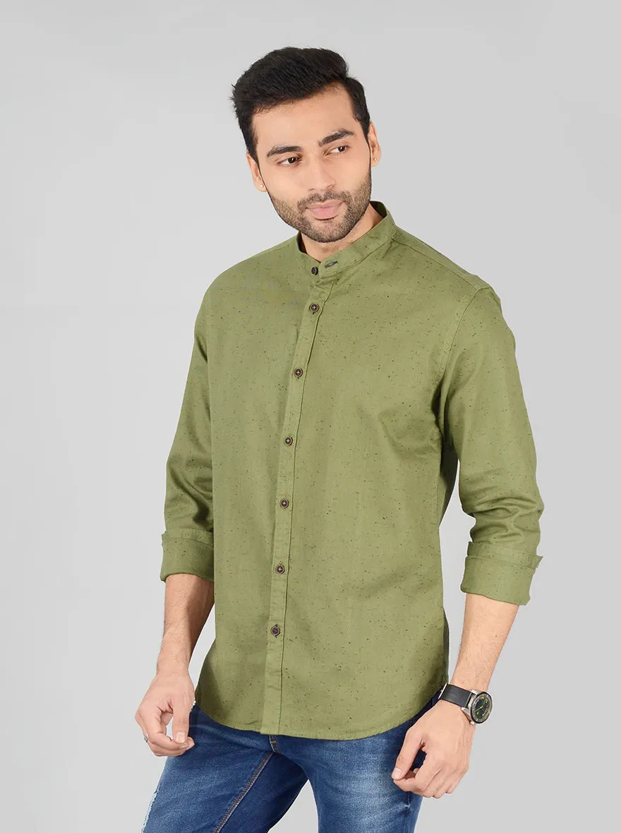 Olive Green Self Textured Slim Fit Casual Shirt | Greenfibre