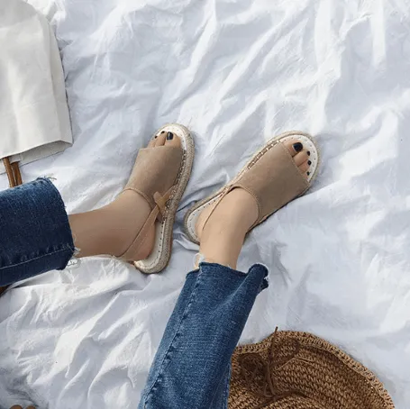 Open Toe Suede Summer Wicker Flat Espadrilles