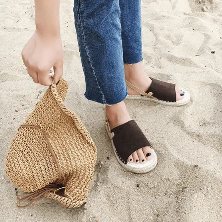 Open Toe Suede Summer Wicker Flat Espadrilles