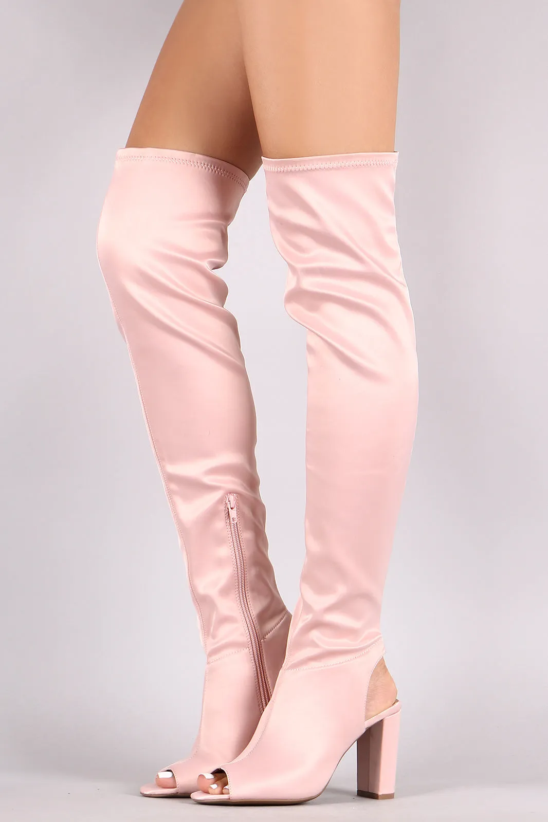 Qupid Satin Peep Toe Chunky Heeled Over-The-Knee Boots