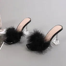 Rowan Peep Toe Fur Transparent High Heel Sandals