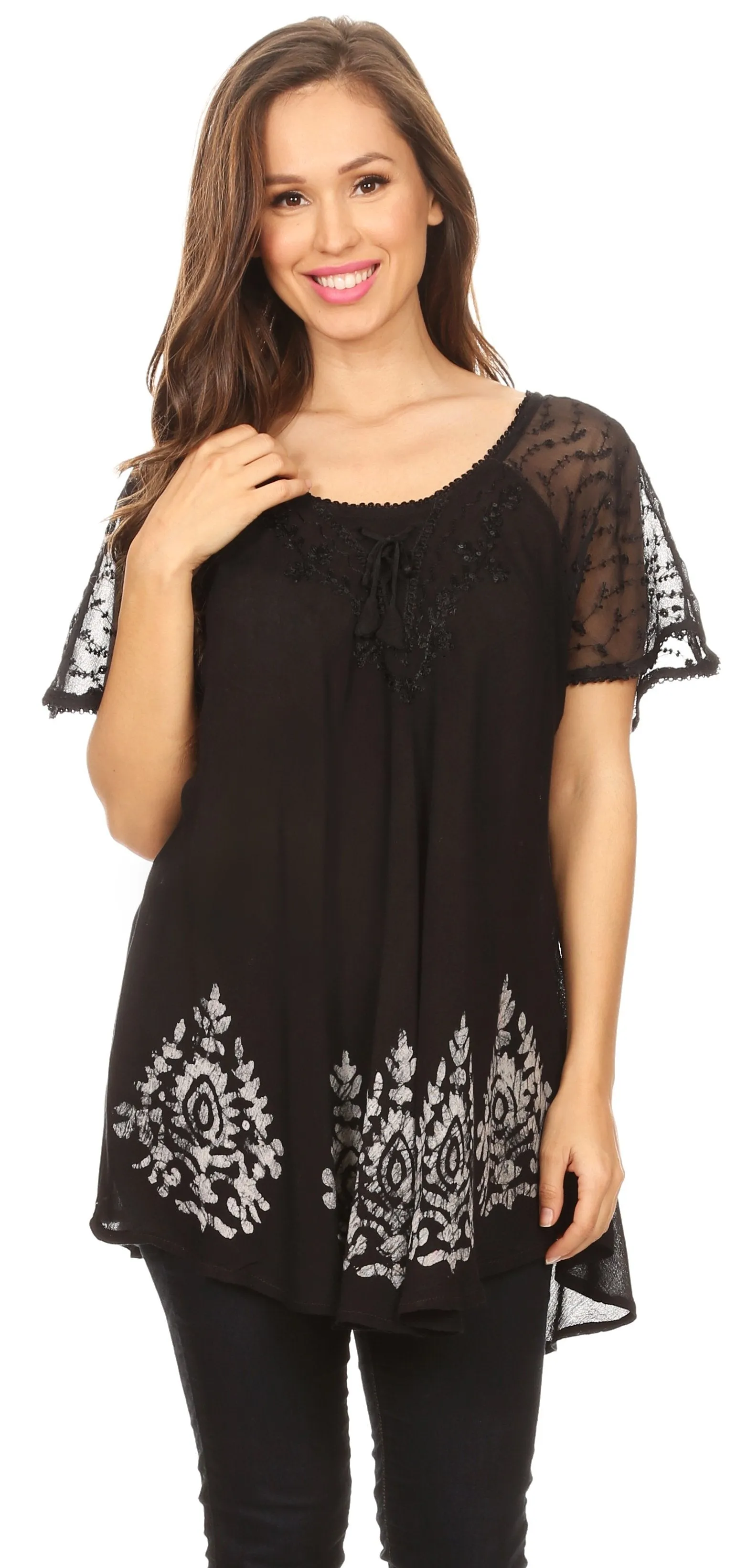 Sakkas Alberta Womens Short Sleeve Corset Blouse Top with Batik and Lace Sleeves