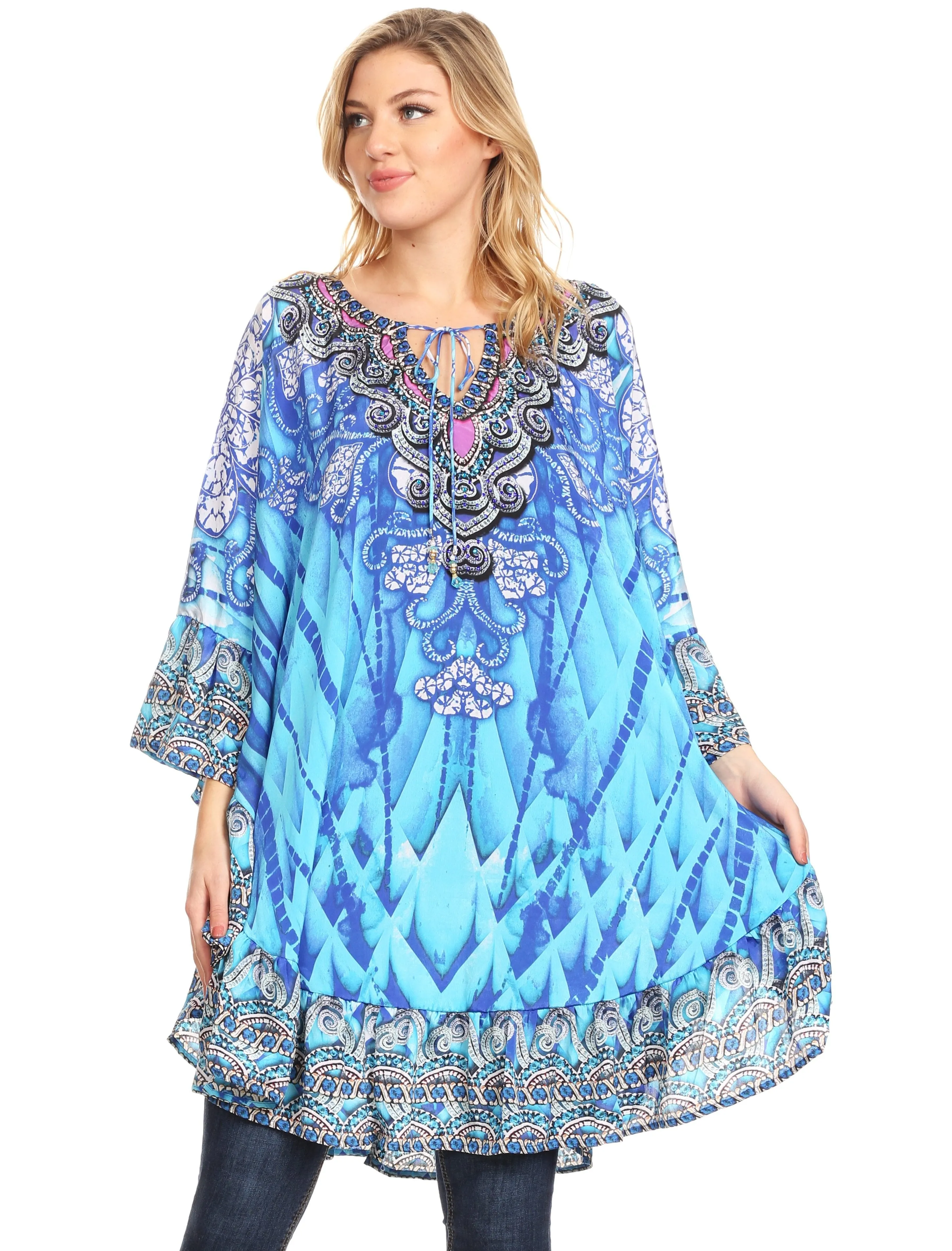 Sakkas Delu Women's Loose V Neck Blouses Top Tunic with Ruffles And Rhinestone