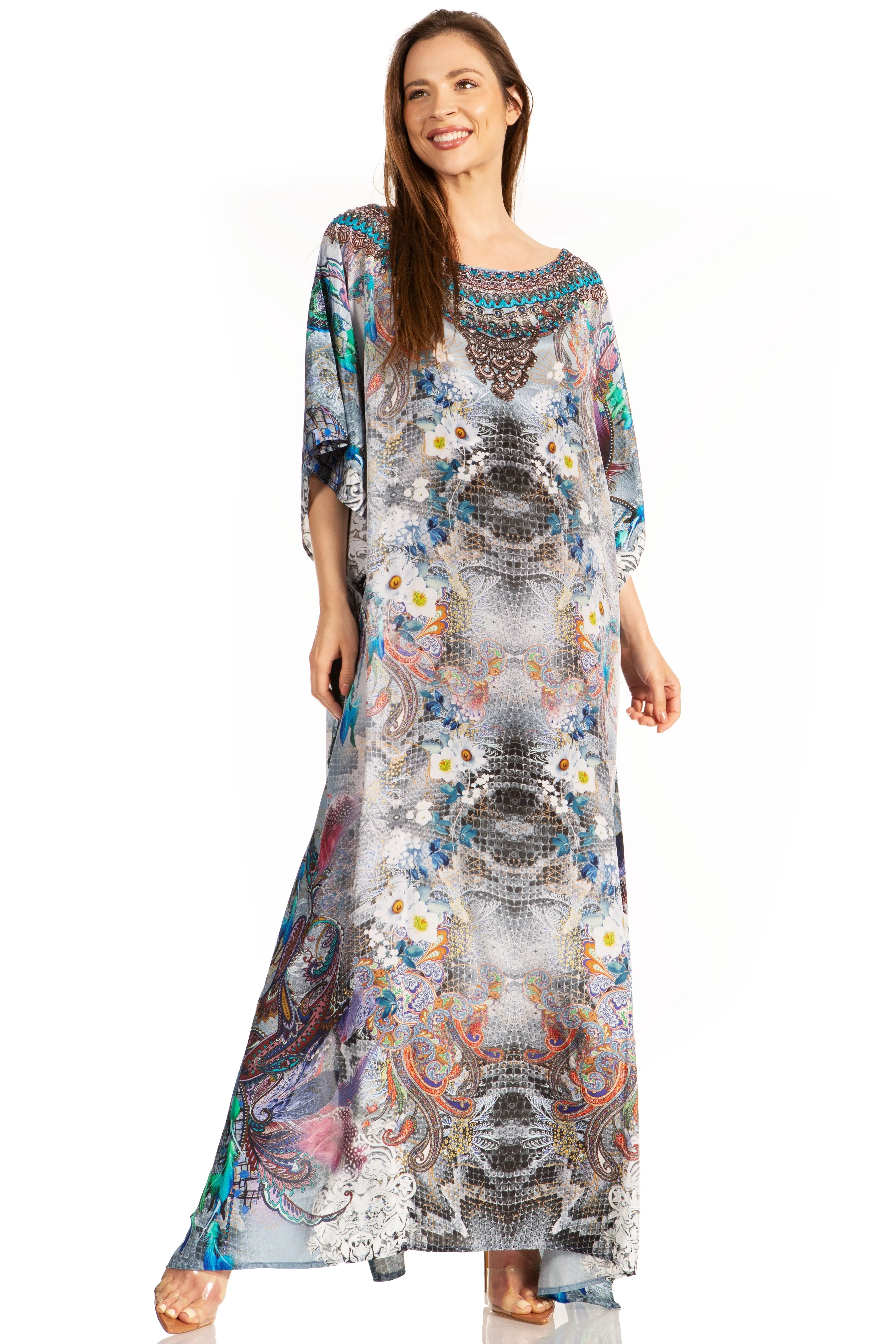 Sakkas Jabari Women's Maxi Short Sleeve Long Beach Kaftan Dress Boho Loose Gown