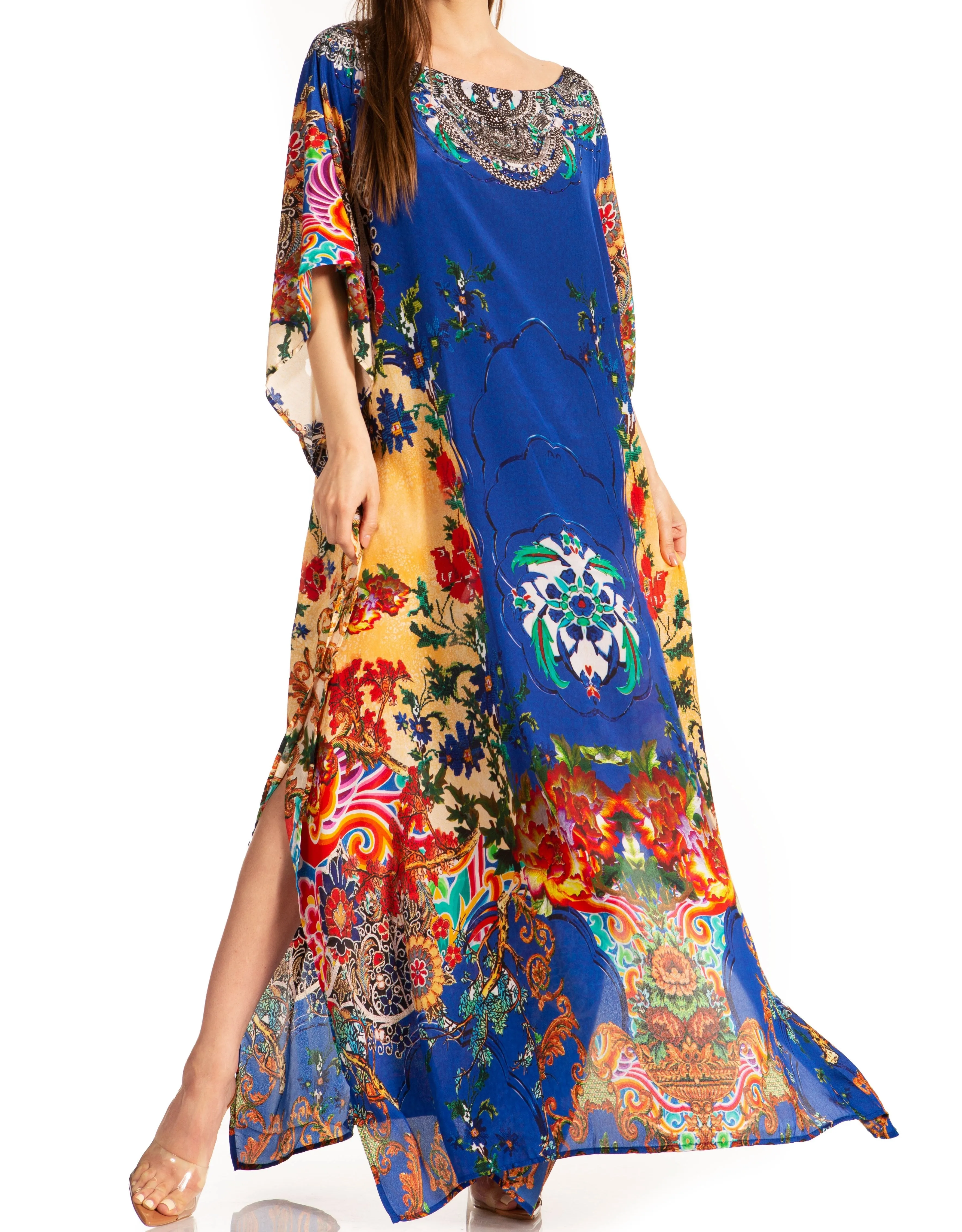 Sakkas Jabari Women's Maxi Short Sleeve Long Beach Kaftan Dress Boho Loose Gown