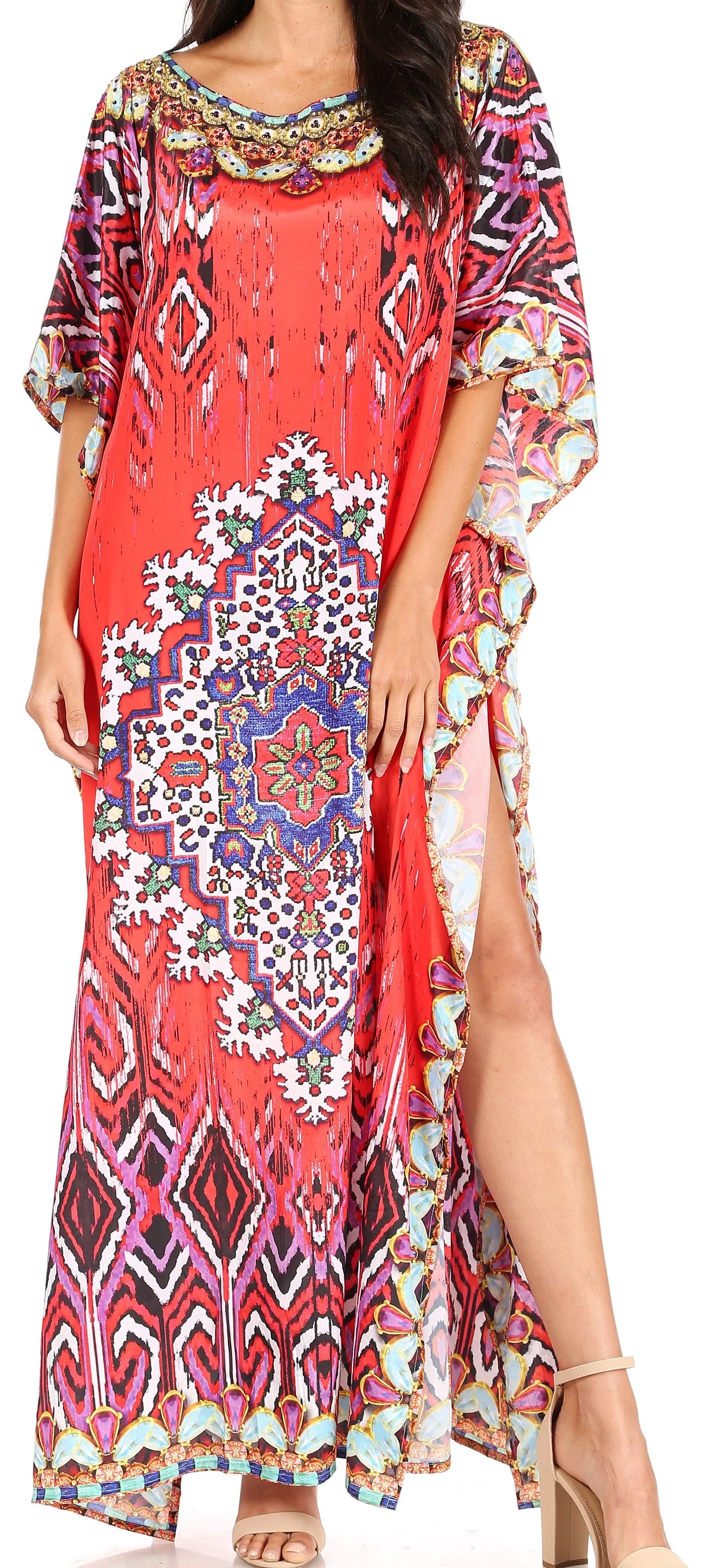 Sakkas Jabari Women's Maxi Short Sleeve Long Beach Kaftan Dress Boho Loose Gown