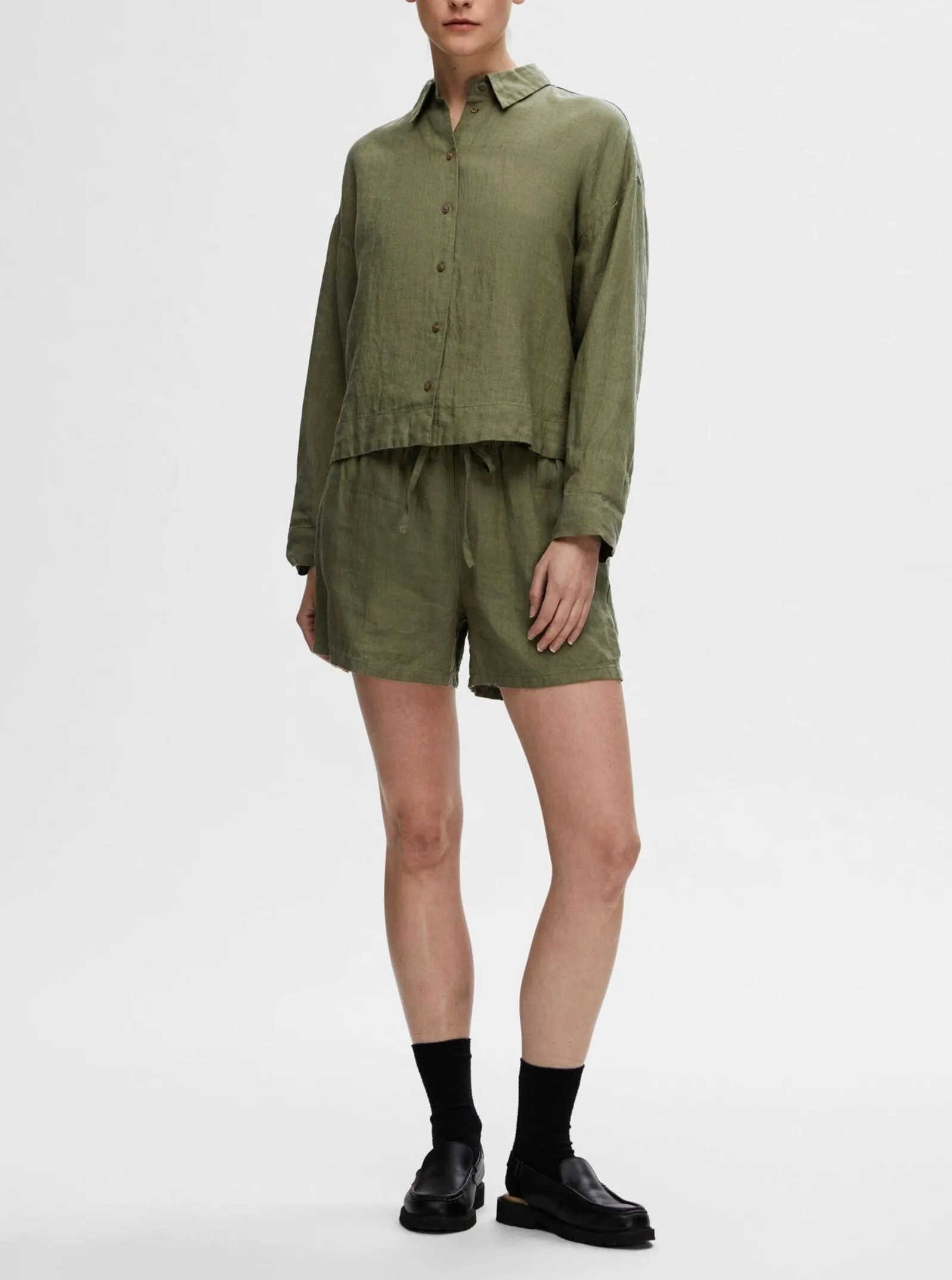 SLFLINNIE LS LINEN SHIRT | OLIVINE