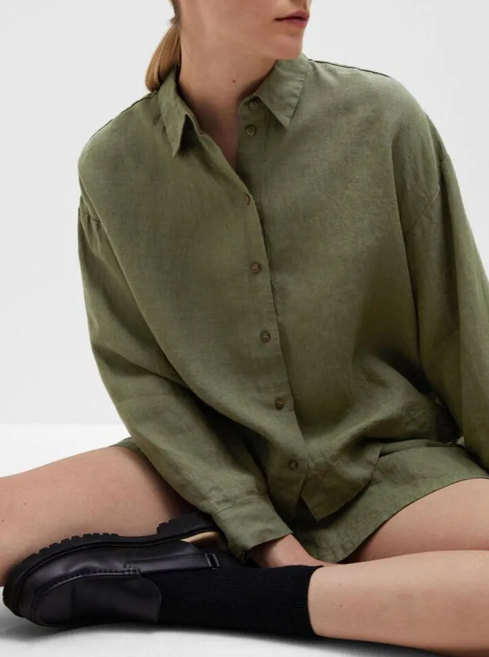 SLFLINNIE LS LINEN SHIRT | OLIVINE