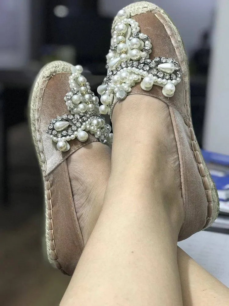 Spring Faux Pearl loafers Rhinestone hemp straw flat