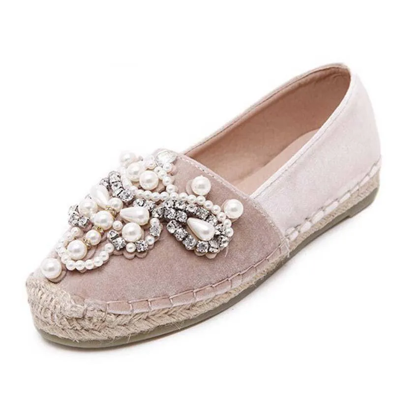 Spring Faux Pearl loafers Rhinestone hemp straw flat