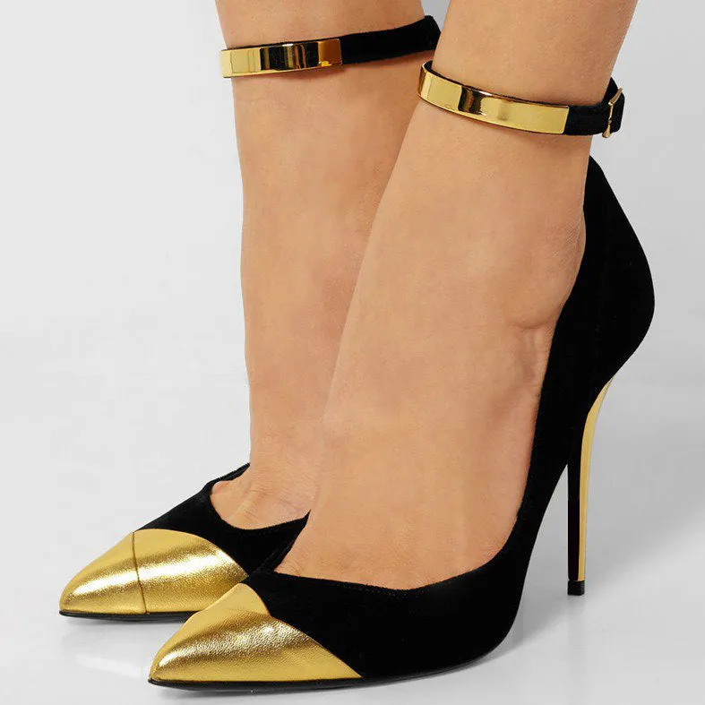 Toleet Black & Gold Ankle Strap Heels Pointed Toe Stiletto Pumps Shoes