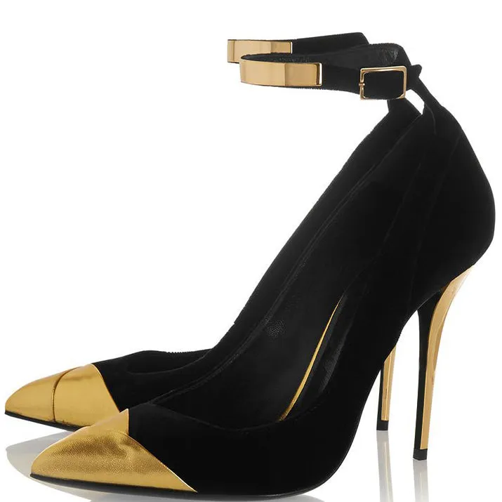 Toleet Black & Gold Ankle Strap Heels Pointed Toe Stiletto Pumps Shoes