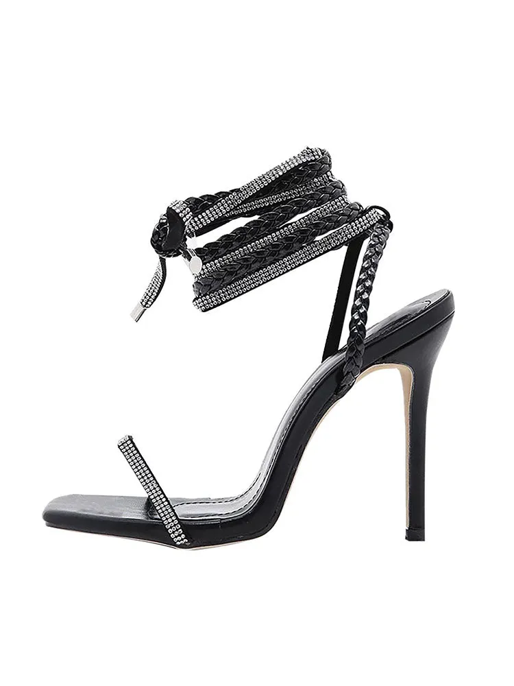 Toleet Rhinestone Braided Straps Lace-Up Heels