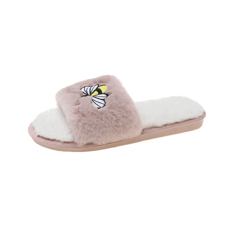 Women's Bee Embroidered Plush Slippers