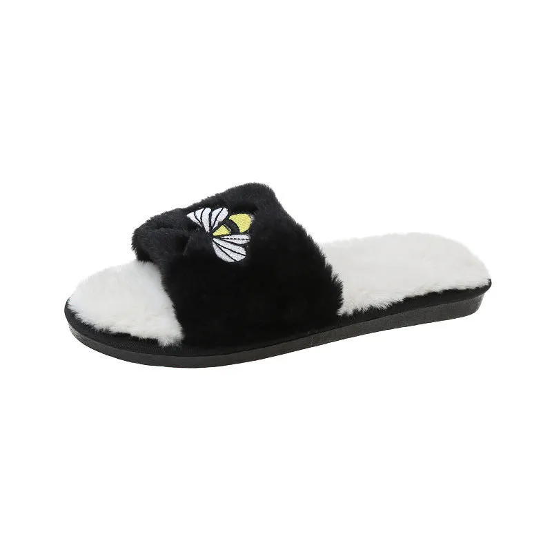 Women's Bee Embroidered Plush Slippers