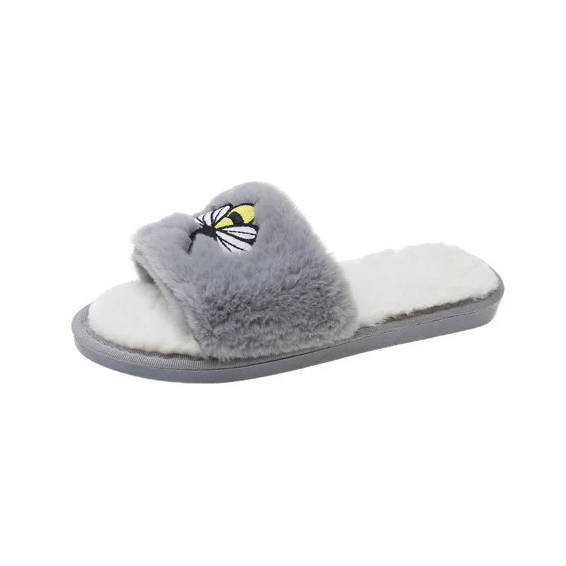 Women's Bee Embroidered Plush Slippers