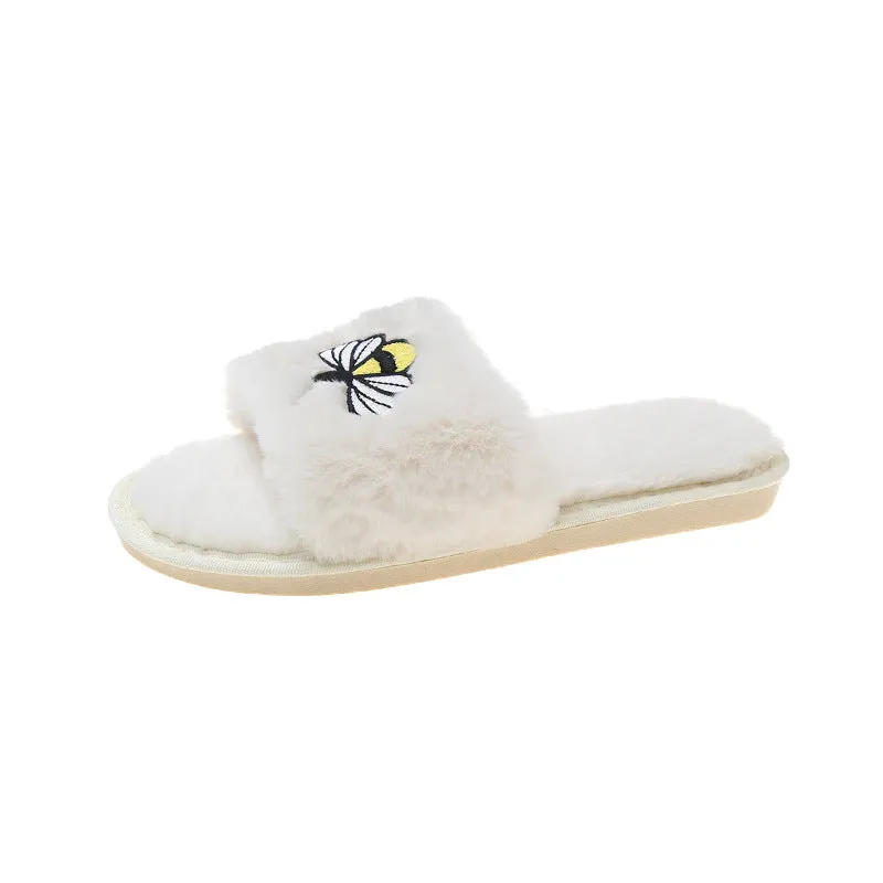 Women's Bee Embroidered Plush Slippers