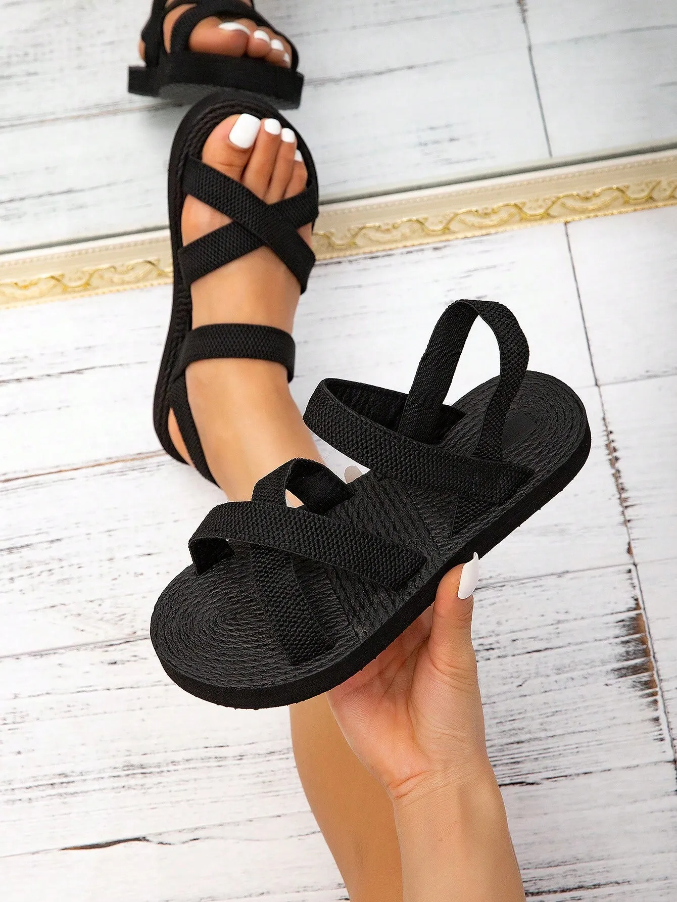 Women's Fashion White Summer Shoes, Woven-Design Flat Sandals For Casual & Beach, Ladies'  Bottom Imitation Slipper